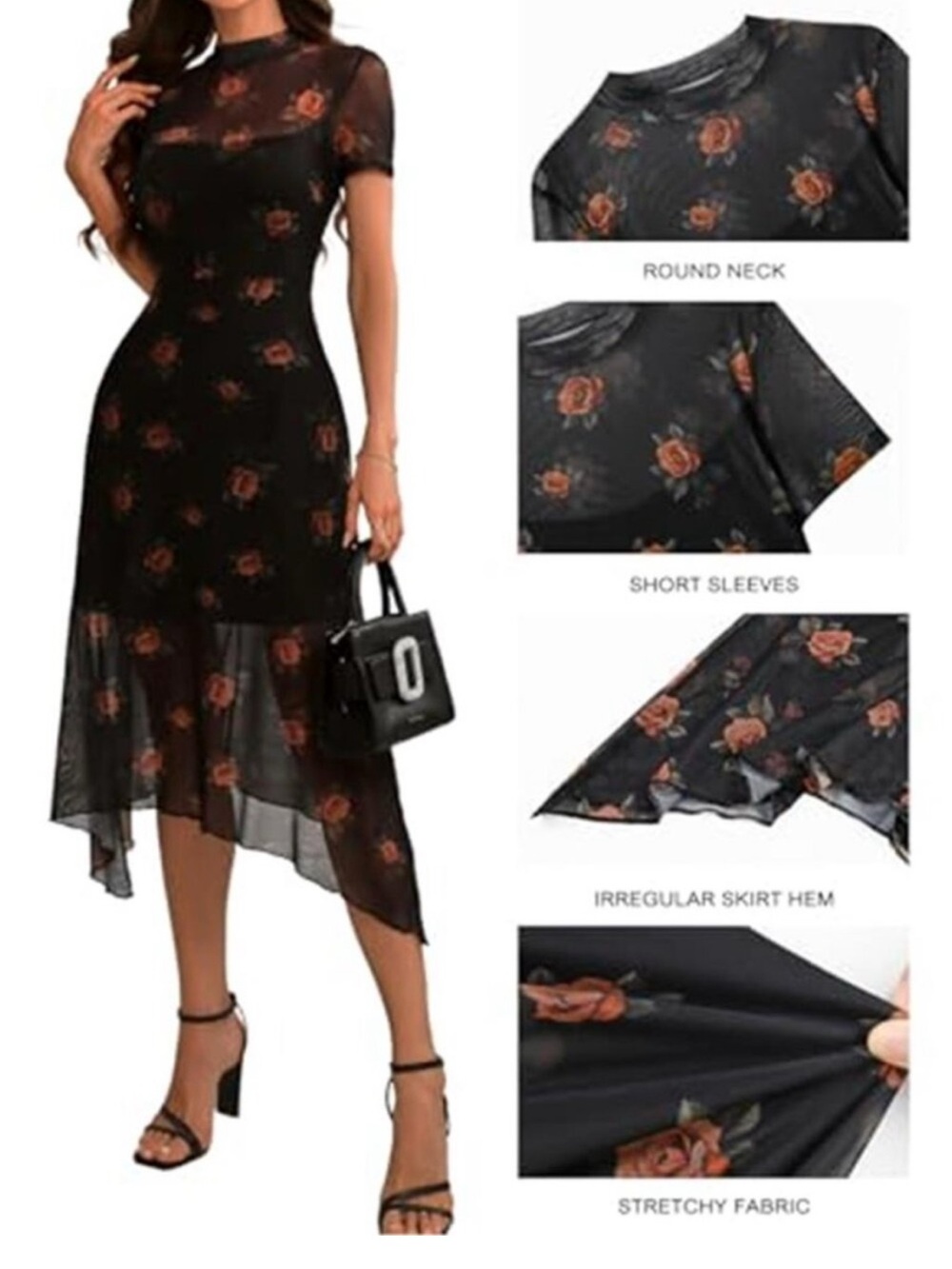 Black Floral Mesh Midi Dress with Irregular Hem